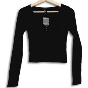 FOREVER 21 Crop Top V-Neck Long Sleeve Tee Black Sz S